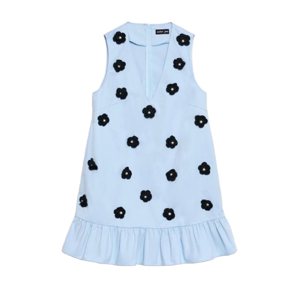Sister Jane Light Blue Mini Dress with Black Flower Appliqués